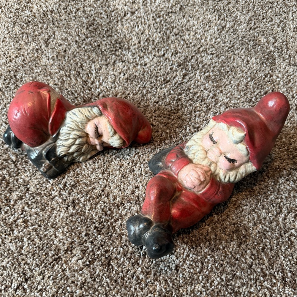 2 Vintage 1970s Ceramic Hand-Painted Sleeping Garden Gnomes
